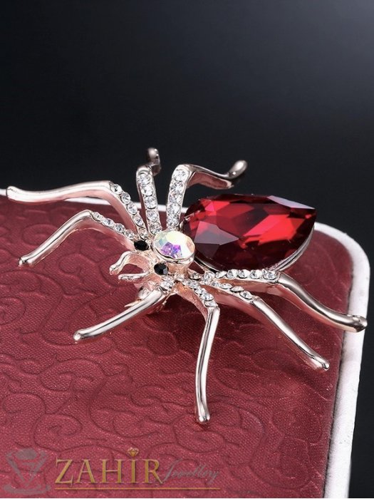 Дамски бижута - Великолепен паяк брошка с голям червен кристал и малки бели камъни,размери 6 на 5 см, сребриста основа - B1284